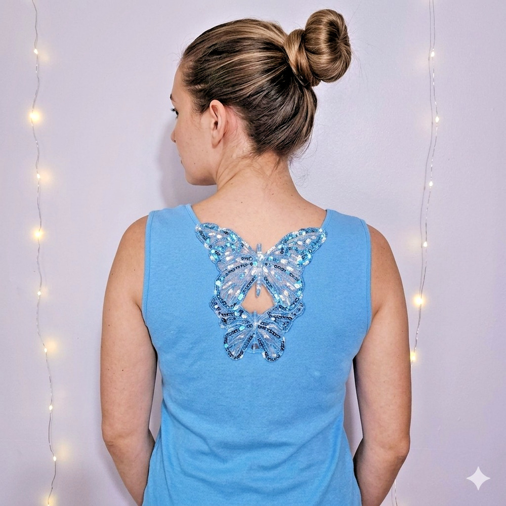 Vintage Y2K Butterfly Sequin Tank Top Cotton Blend XL Blue Fairy Festival Whimsy